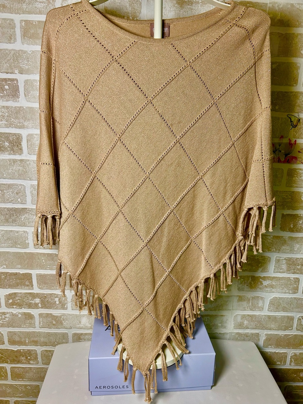 Chico's Tan Diamond‑Knit Fringe Poncho